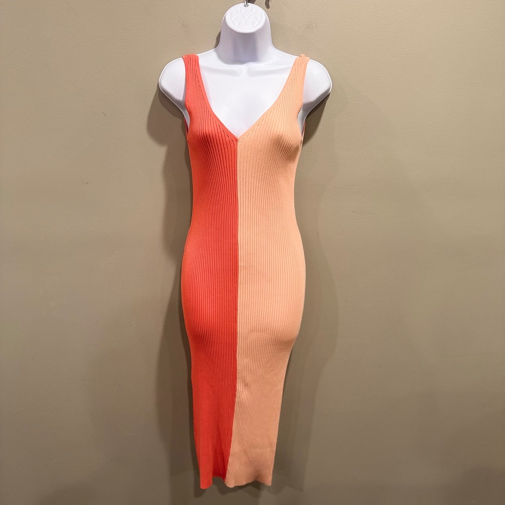 STAUD Dana Ribbed Knit Colorblock Midi Dress Peach Coral Orange Sml V-Neck Small - Picture 4 of 14